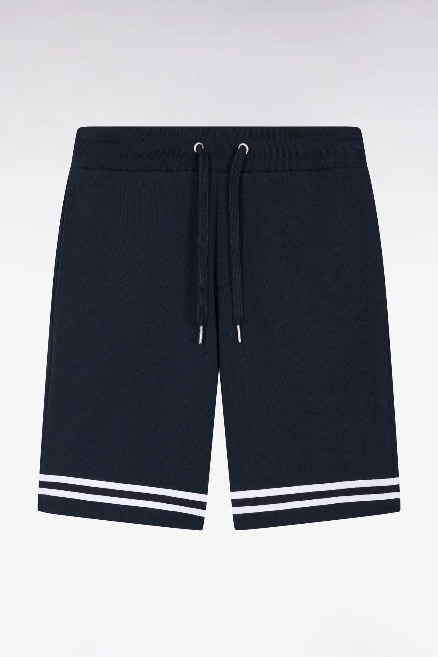Navy fleece shorts with striped leg trims E26maish0008 blf