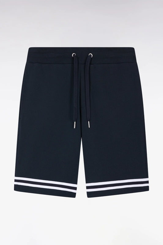 Navy fleece shorts with striped leg trims E26maish0008 blf