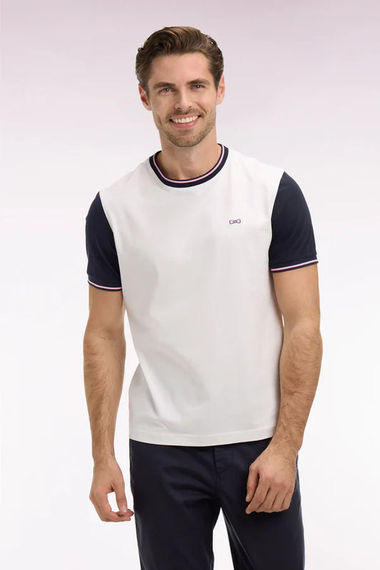 T-shirt blanc en coton à manches courtes et manches bleu marine, e26maitc0040 bc