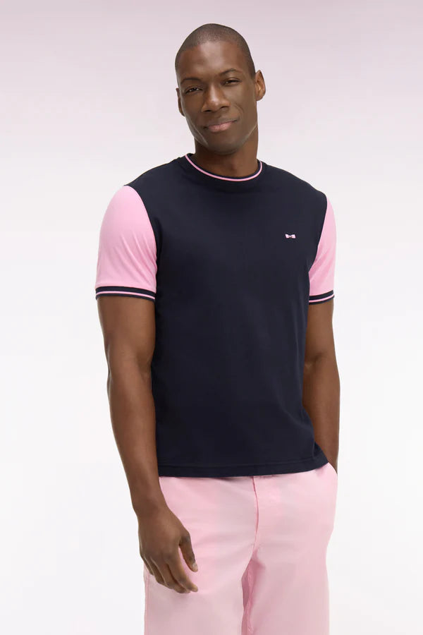T-shirt bleu marine en coton à manches courtes et manches roses e26maitc0040 blf