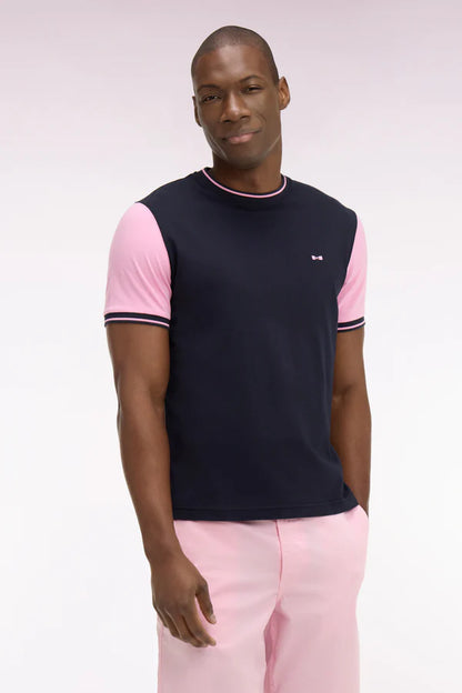 T-shirt bleu marine en coton à manches courtes et manches roses e26maitc0040 blf