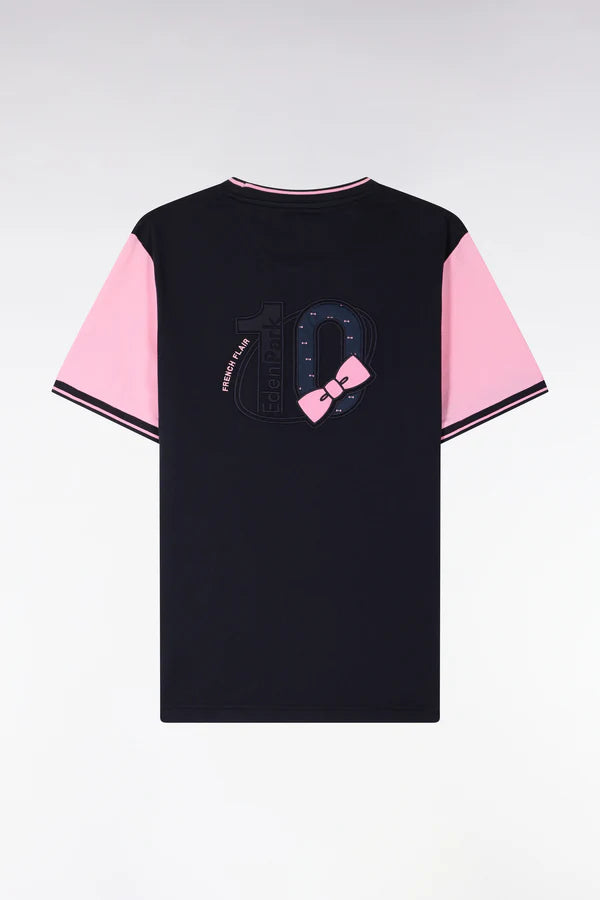 T-shirt bleu marine en coton à manches courtes et manches roses e26maitc0040 blf