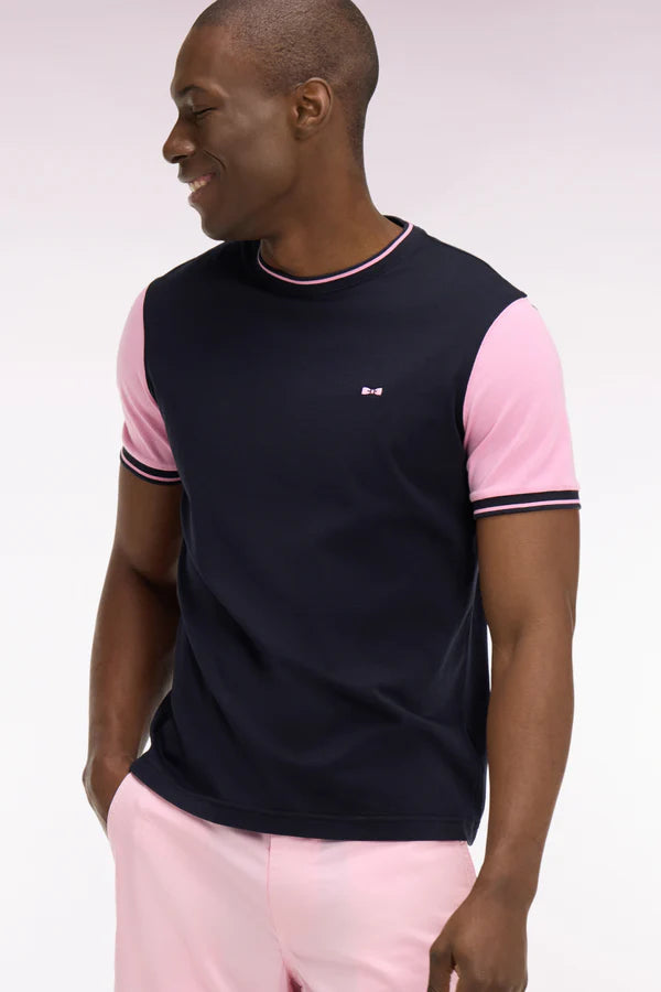 T-shirt bleu marine en coton à manches courtes et manches roses e26maitc0040 blf