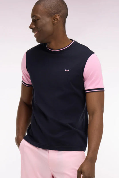 T-shirt bleu marine en coton à manches courtes et manches roses e26maitc0040 blf