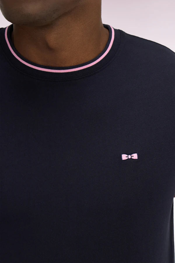 T-shirt bleu marine en coton à manches courtes et manches roses e26maitc0040 blf