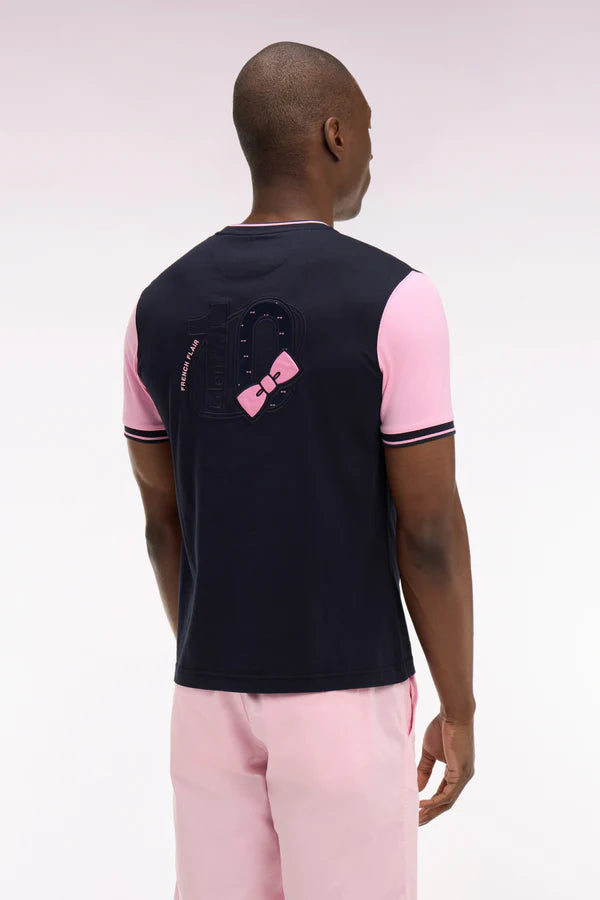 T-shirt bleu marine en coton à manches courtes et manches roses e26maitc0040 blf